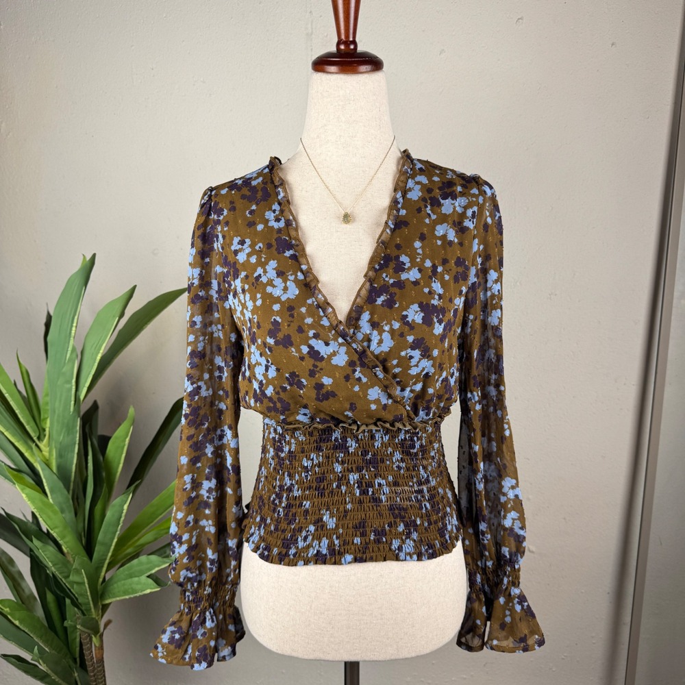 Romantic Feminine ASTR The Label Blouse XS Brown Floral Smocked Semi-Sheer